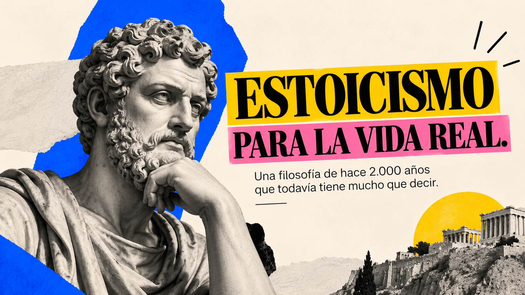 Portada sobre estoicismo aplicado a la vida diaria con una escultura clásica y el texto “Estoicismo para la vida real”.
